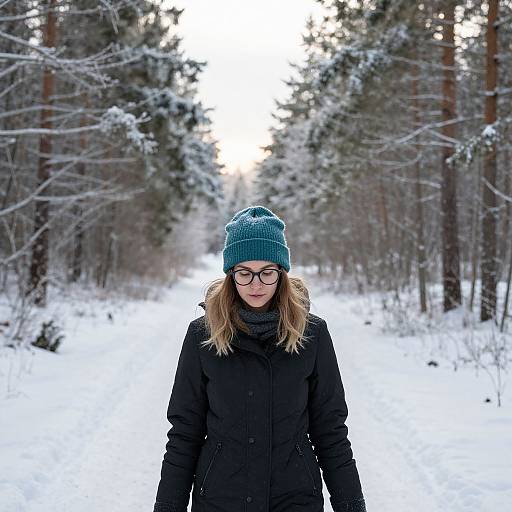 Photograph of a young woman with glasses, wearing a teal knit beanie, black coat, and scarf, standing in a snowy forest path.