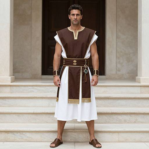 Photograph of a muscular man with dark hair, wearing a brown and white ancient Roman-style tunic, gold accents, and sandals, standing on stone
