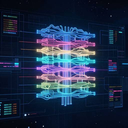 Neon digital art of a complex, multi-layered circuit diagram with vibrant blue, pink, yellow, and green lines on a dark, starry
