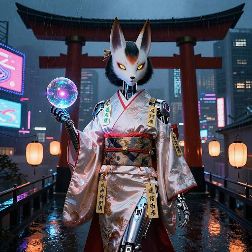 Kitsune Priestess in Neon Rooftop Shrine