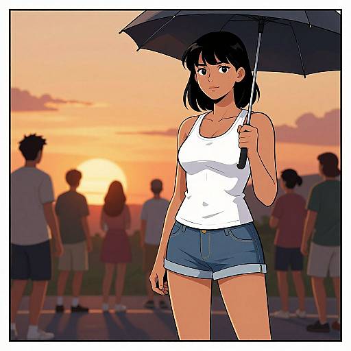 Digital anime-style drawing of a tan-skinned girl with black hair, wearing a white tank top and denim shorts, holding an umbrella at sunset, sil