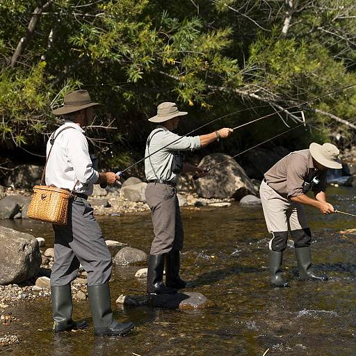 Three Men Fly Fishing in Rocky Stream