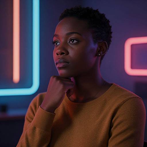 Thoughtful Black Woman with Neon Glow