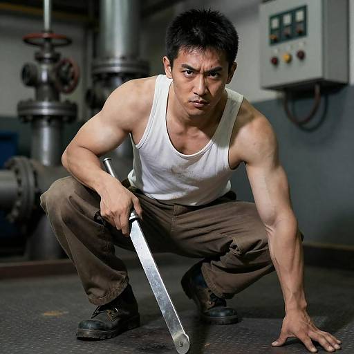 Intense Crouching Man in Industrial Setting