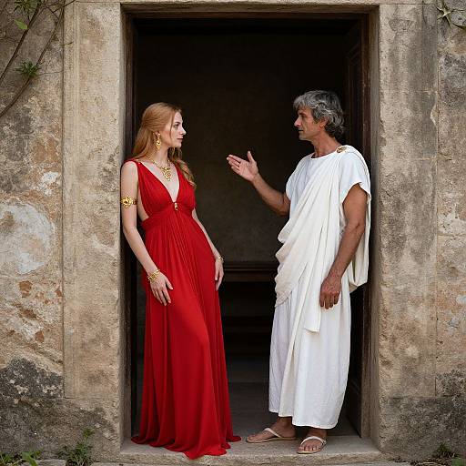 Classical Scene with Red-Dressed Woman