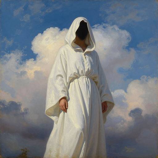 Photorealistic painting of a person in a flowing white hooded robe, standing against a dramatic blue sky with fluffy clouds. Face obscured by hood.