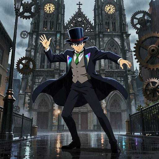 Rain-Soaked Street Magician in Clockwork Cathedral