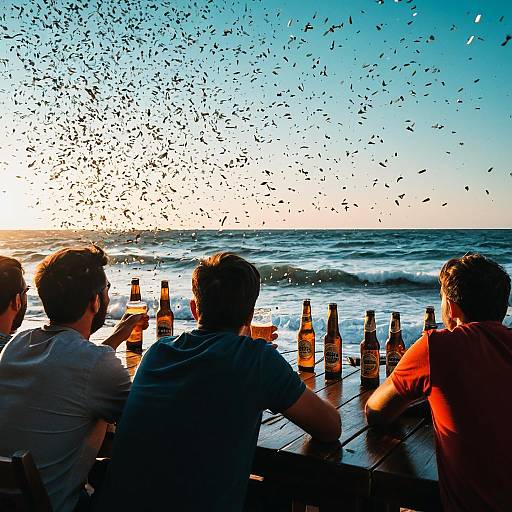 Friends Drinking Beer at Beach Bar with Falling Beer Bottles