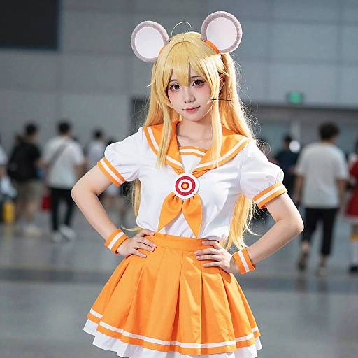 Cosplayer in Orange and White Mouse Ear Costume