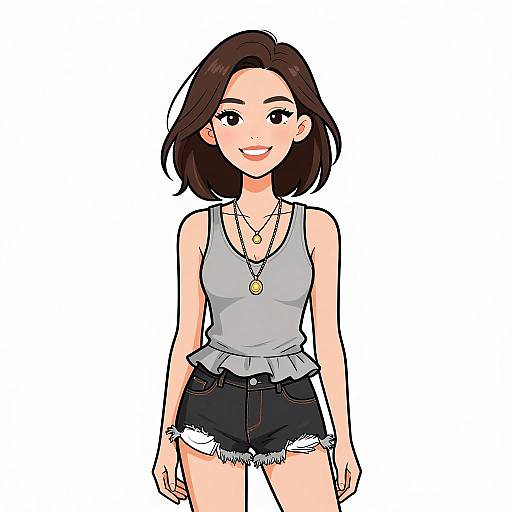 Digital anime-style drawing of a smiling young woman with short brown hair, wearing a gray sleeveless top and black frayed shorts.