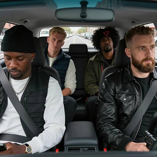 Four Men in Car with Driver Holding Gun