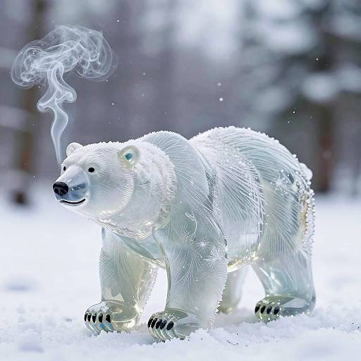 Photograph of a glowing, white polar bear with smoke emerging from its mouth, standing in a snowy forest, with a surreal, ethereal light effect