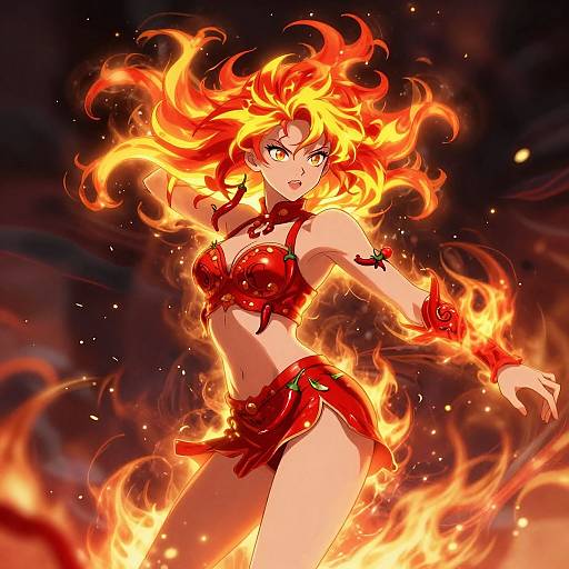 Digital anime-style artwork of a fiery-haired, red-cloaked woman with glowing yellow eyes, engulfed in flames, striking a dynamic pose.