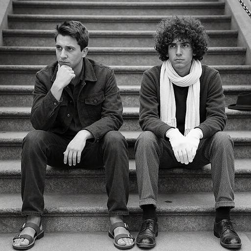 Serious Men on Stone Steps: B&W Photo