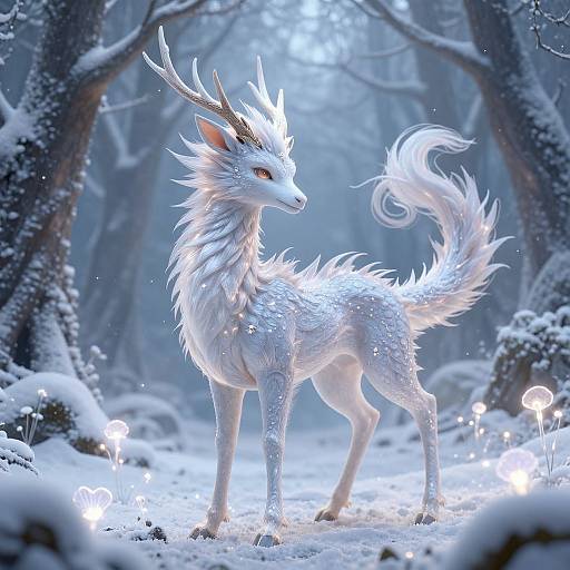 Digital artwork of a glowing white, antlered, mythical deer with a fluffy tail standing in a snowy forest, surrounded by luminescent flowers.