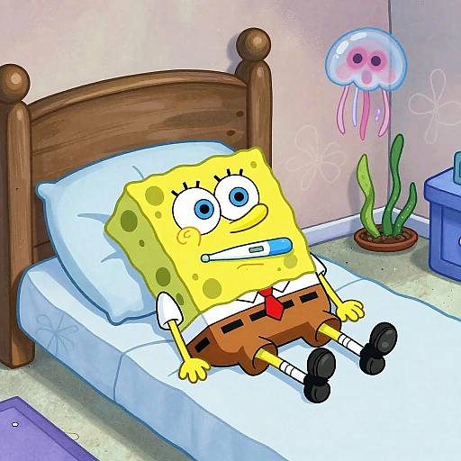 Digital cartoon of SpongeBob SquarePants sitting on a wooden bed with a jellyfish in a tank, wearing a school uniform.