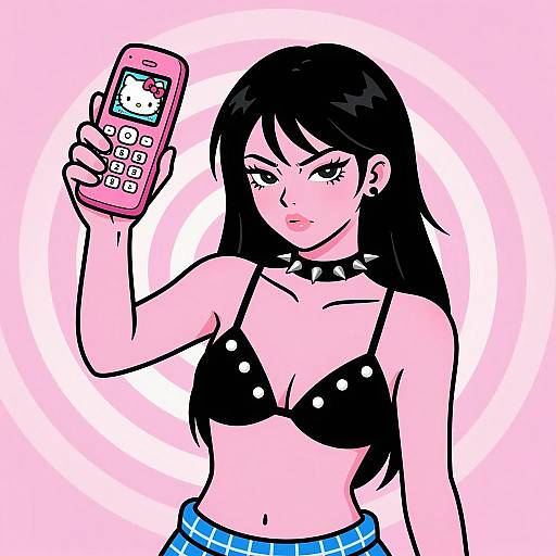 Pink-skinned Woman Holding Hello Kitty Flip Phone