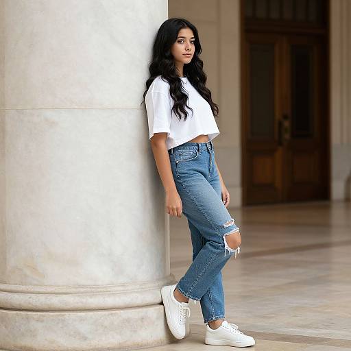 Photograph of a young woman with long black hair, wearing a white cropped t-shirt, blue ripped jeans, and white sneakers, leaning against a marble