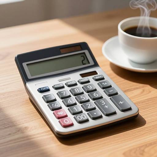 Photograph of a silver calculator with black and red buttons on a wooden table, next to a steaming white coffee cup. Sunlight casts soft shadows