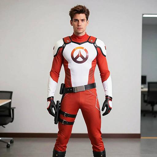 Photograph of a muscular man with short brown hair in a white and red superhero suit with a circular emblem, black gloves, and a holster, standing