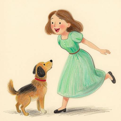 Colorful drawing of a smiling woman in a green dress and black shoes, running towards a brown and black dog with a red collar, both looking at