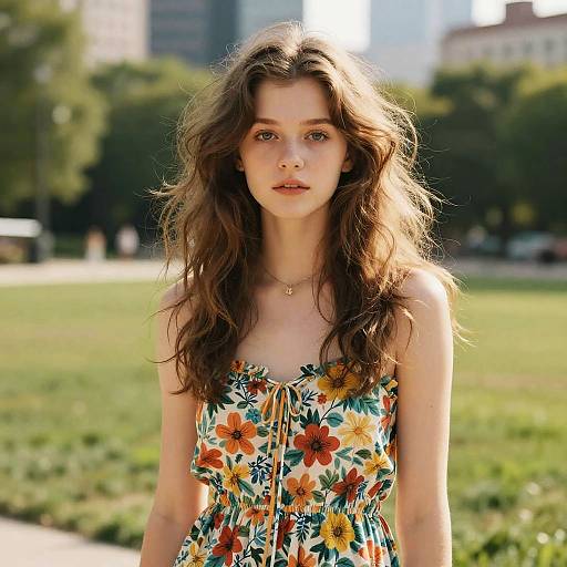 Photograph of a young woman with long, wavy brown hair, wearing a floral sundress, standing in a sunlit park. She has fair