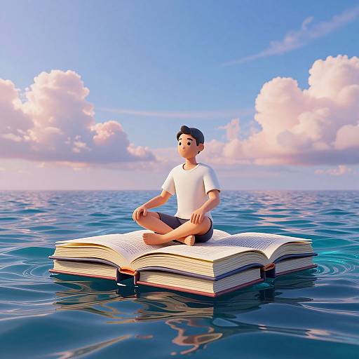 Digital illustration of a young man with short black hair, wearing a white t-shirt and gray shorts, sitting cross-legged on an open book floating on a