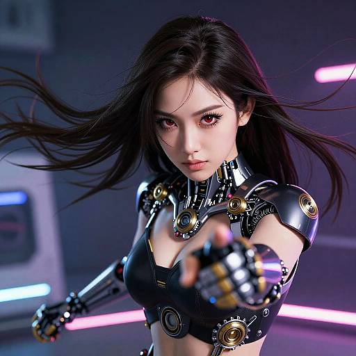 Digital CGI of an Asian woman with long black hair, wearing a cybernetic black leather suit, pointing forward with a robotic hand, in a neon