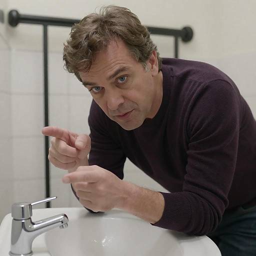 Intense Middle-Aged Man by Sink