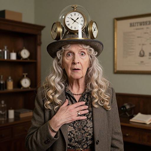 Photograph of an elderly woman with long, wavy gray hair, wearing a black hat with multiple clocks, a gray blazer, and a floral
