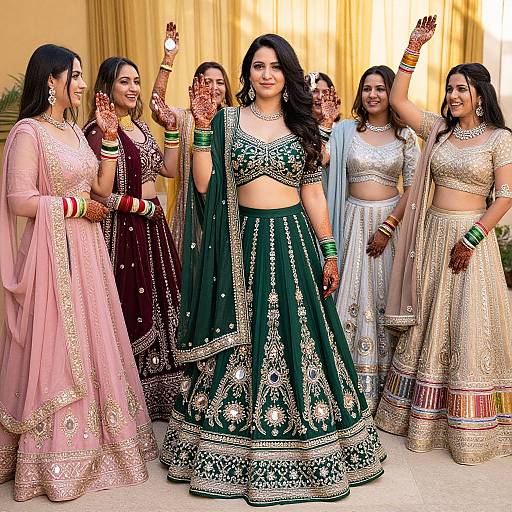 Photograph of seven Indian women in traditional lehengas and kurtas, adorned with intricate embroidery and jewelry, smiling and raising hands, standing in