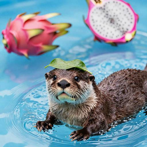 Playful River Otter with Leaf on Head in Water