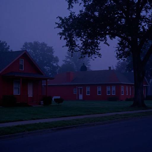 Photograph of a red-brick, two-story house at dusk, shrouded in blue twilight and fog, with a large tree casting shadows on