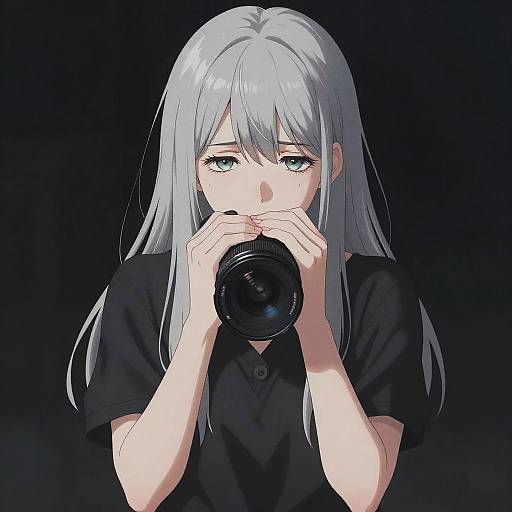 Digital anime-style illustration of a pale-skinned, silver-haired girl with blue eyes, wearing a black shirt, holding a camera to her face against a