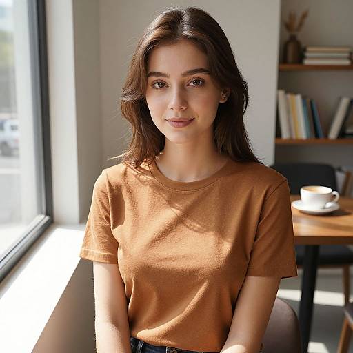 Photograph of a young woman with fair skin, brown eyes, and wavy brown hair, wearing an orange t-shirt, sitting by a sunlit