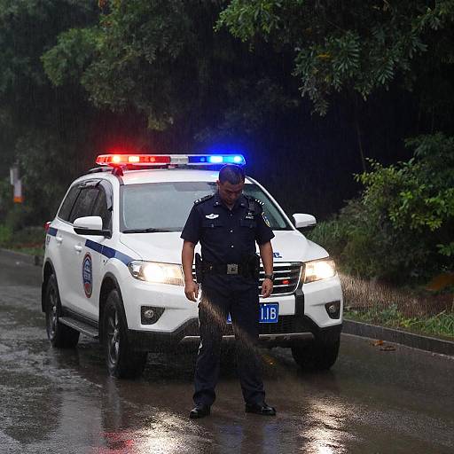 Nighttime Rain Scene with Police Officer