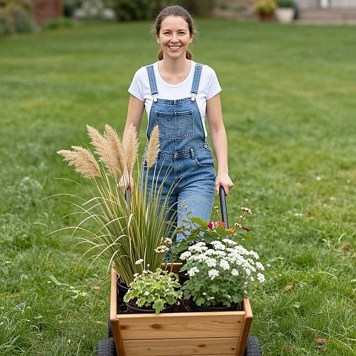 Smiling woman in blue overalls and white shirt, holding pot, stands on lush green lawn with potted plants and tall grass. Photograph.