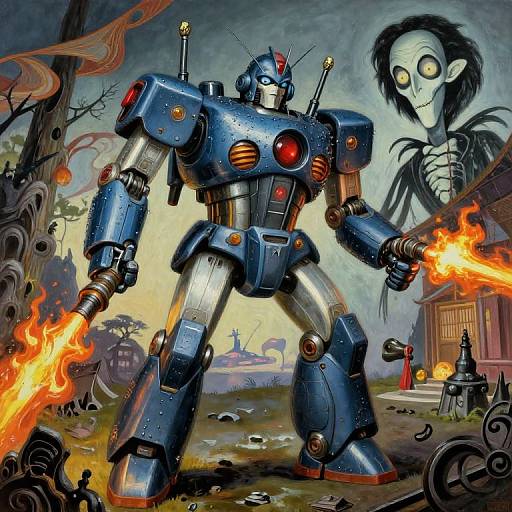 Digital illustration of a blue, robotic warrior with glowing red eyes and orange flames, standing in a haunted, post-apocalyptic landscape with a ghostly figure