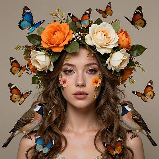 Photograph-style digital art of a fair-skinned woman with wavy brown hair, wearing a flower crown with orange and white roses, surrounded by butterflies