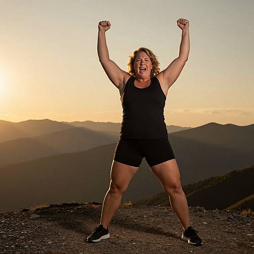 Photograph of a smiling, muscular woman with curly brown hair, wearing a black tank top and shorts, triumphantly raising her arms on a mountain peak