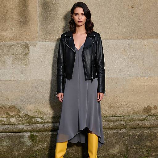 Photograph of a young woman with dark wavy hair, wearing a black leather jacket, gray V-neck dress, and bright yellow pants, standing against