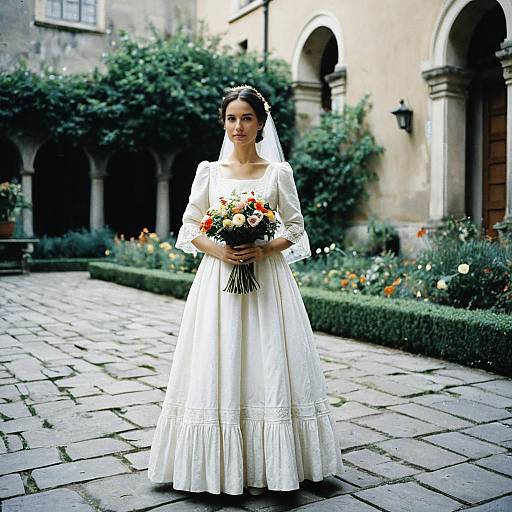 Photograph of a young bride in a white, long-sleeved, lace wedding dress, holding a colorful bouquet, standing on a cobblestone