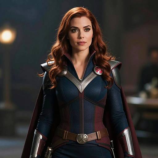 Photograph of a red-haired woman in a dark, superhero-style costume with silver accents and a red emblem, standing confidently against a blurred, dimly