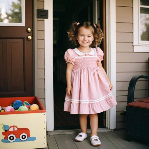 Smiling Toddler Girl in Pink Dress on Porch