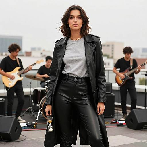 Photograph of a confident woman with wavy dark hair in a black leather jacket and pants, holding a drink, standing in front of a rooftop band