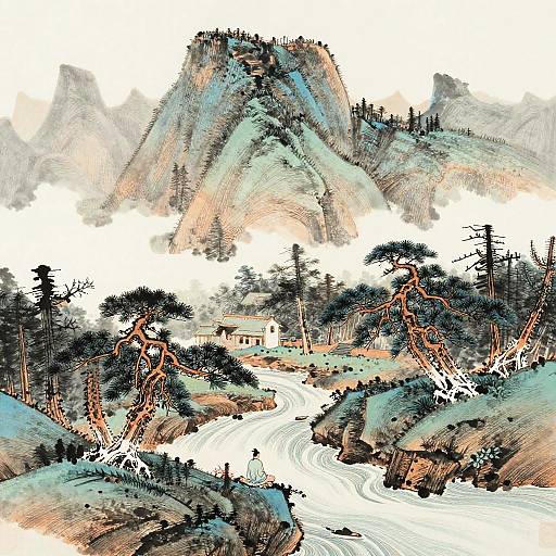 Stylized digital painting of a mountainous landscape with a flowing river, pine trees, and a small house nestled among rocky cliffs.