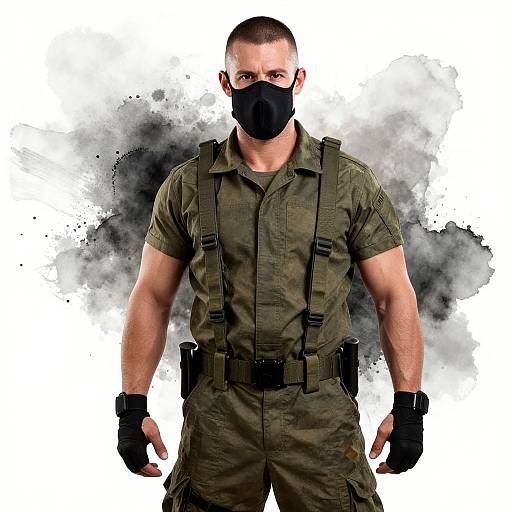 Photograph of a muscular, fair-skinned man in green military-style attire, black mask, gloves, and suspenders, standing against a smoky