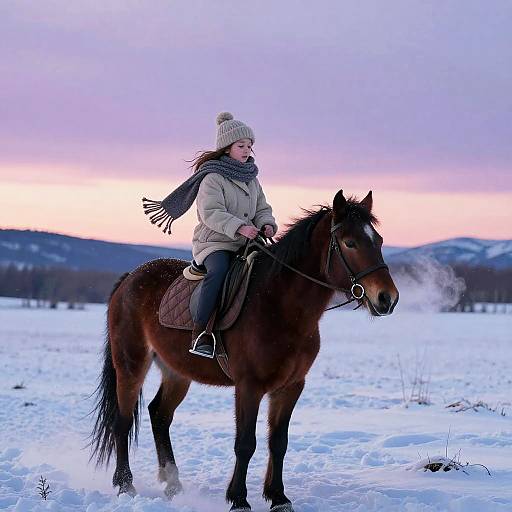 Young Girl Riding Horse in Winter