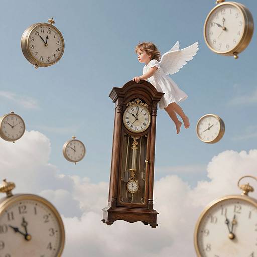 Photograph of a cherubic child with white wings and dress, floating above a dark wooden clock, surrounded by floating clocks against a bright blue sky with