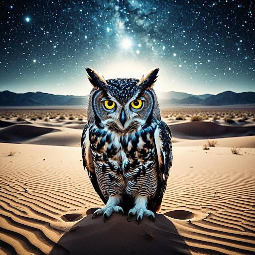 Cosmic Owl on Desert Dunes at Night
